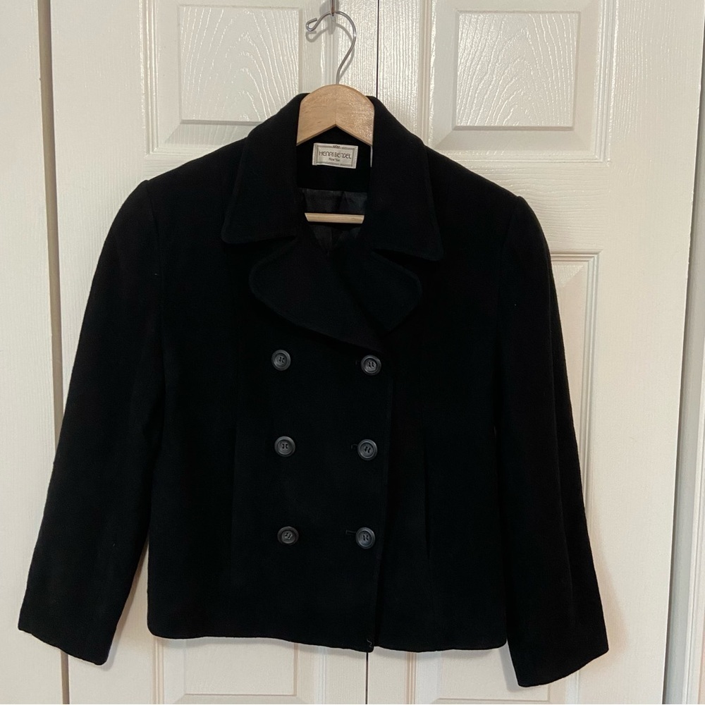 Henri Bendel Cashmere Wool Cropped Double Breasted Blazer Peacoat Black Size 8 - Picture 3 of 11